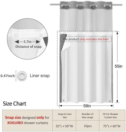 No Hook Shower Curtain Snap-in Fabric Replacement Liner 59" W x 55" L