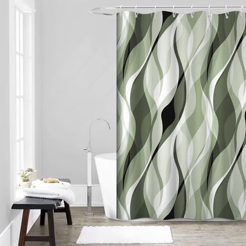 Sage Green Striped Shower Curtain with Hooks for Bathroom 60x72 Inch
