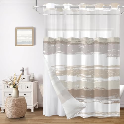 No Hook Shower Curtain with Liner, Brown Stripe, 71x84 Inch
