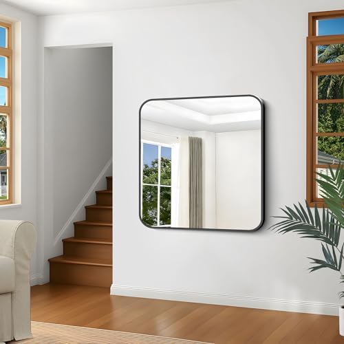 Black Bathroom Mirror, 38x40 inch Aluminum Metal Frame Rectangular Vanity Mirror, Large Wall Mounted Rectangle Mirrors with Rounded Corner for Over Sink Bedroom Living Room Horizontal/Vertical