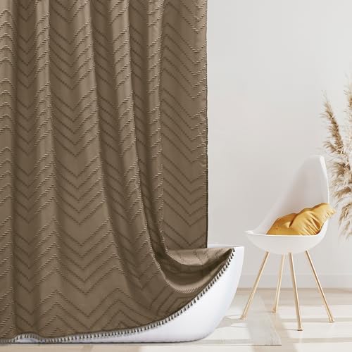 Siiluminisoy Extra Long Boho Shower Curtain, Woven Fabric 84 in Khaki, 72 x 84, Tufted Chevron Striped Modern Chic Textured Minimalist Bathroom Shower Curtain