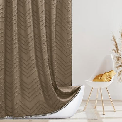 Siiluminisoy Extra Long Boho Shower Curtain, Woven Fabric 84 in Khaki, 72 x 84, Tufted Chevron Striped Modern Chic Textured Minimalist Bathroom Shower Curtain