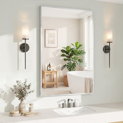 Koonmi Silver Rectangle Wall Mirror, 26x38 Inch Bathroom Mirror, Aluminum Frame Vanity Mirror for Entryway, Living Room, Bedroom Bathroom, Hangs Horizontally or Vertically