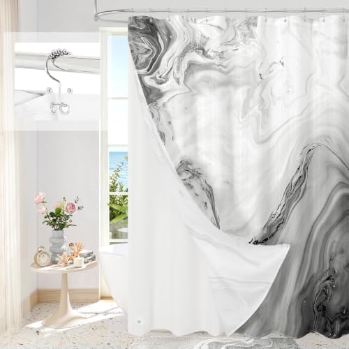 3 in 1 Grey Marble Shower Curtain Set with PEVA Liner & 12 Hooks, 72 x 72