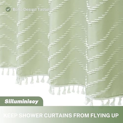 Siiluminisoy Extra Long Sage Green Boho Shower Curtain with White Tassel, Woven Fabric 84 in Shower Curtain, Tufted Chevron Striped, 72 x 84, Modern Chic Textured Minimalist Bathroom Shower