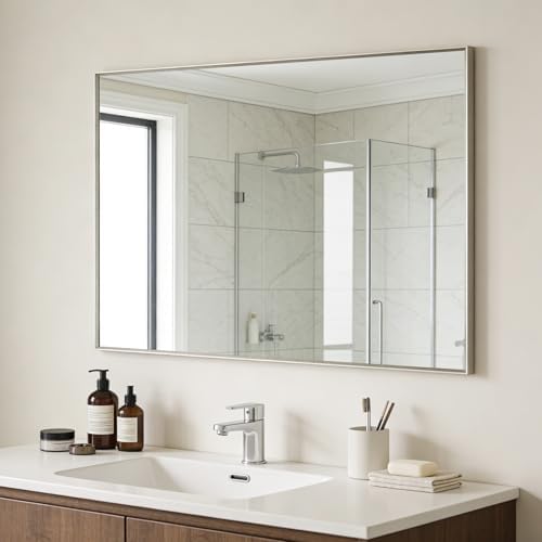 Bathroom Mirror for Wall, 40x30 Inch Framed Vanity Mirror Brushed Nickel