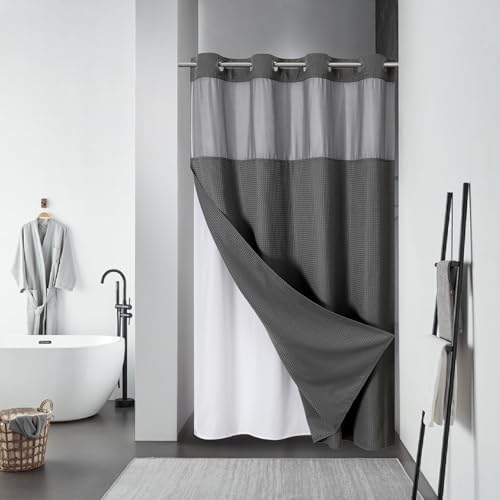 No Hook Waffle Shower Curtain with Snap-in Liner, 54x80 Inch, Charcoal