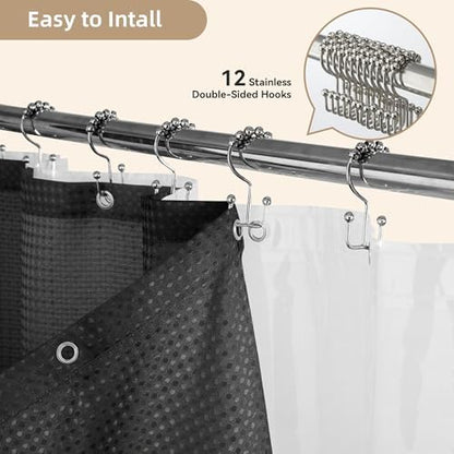 3 in 1 Shower Curtain Set, Waffle Shower Curtain and Liner Set with 12 Double Sided Shower Curtain Hooks, 72 x 84 Fabric Shower Curtains for Bathroom, Black