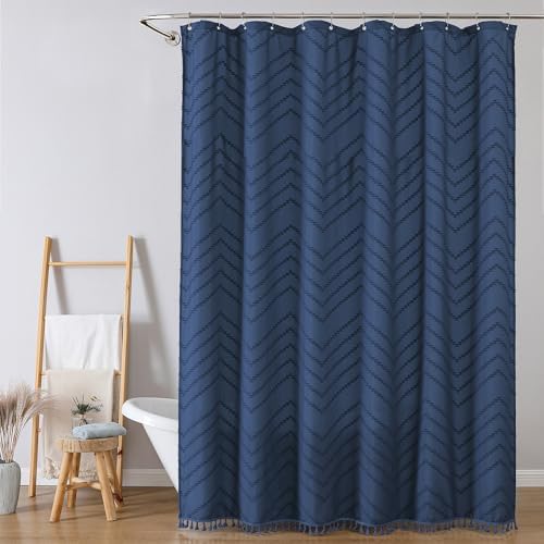 OWENIE Extra Long Dusty Blue Boho Shower Curtain, Chic Tufted Chevron Striped Textured Cloth Fabric Shower Curtains with Tassel for Bathroom, Soft Hotel Style Farmhouse, Machine Washable, 72x96