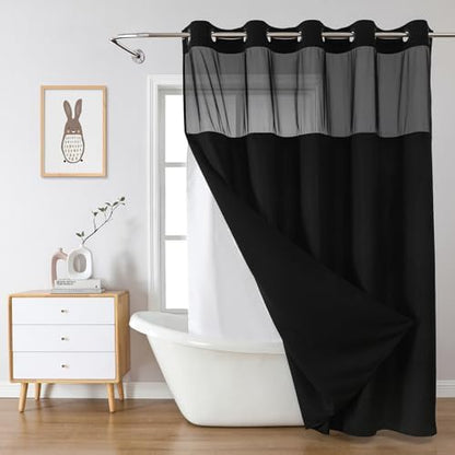 eachope No Hook Waffle Shower Curtain with Snap-in Liner, 60x74 Inch, Black