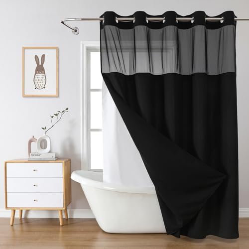 eachope No Hook Waffle Shower Curtain with Snap-in Liner, 71x80 Inch, Black
