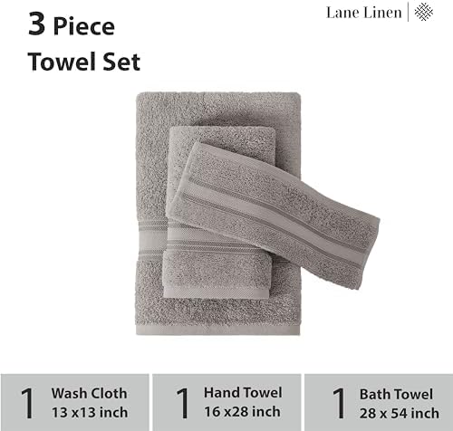 LANE LINEN Bath Towel Set 100% Cotton 3 Piece Soft Absorbent - Grey