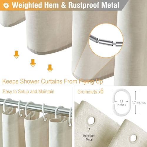 BTTN Linen Textured Waterproof Fabric Shower Curtain, 36x72, Light Cream