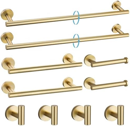 TURS Brushed Gold 10 Pieces Bathroom Hardware Set, SUS304 Stainless Steel 24 Inch Bath Towel Bar Set, Round Bathroom Accessories Kit Wall Mounted