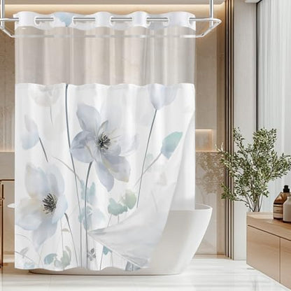 No Hook Shower Curtain and Liner Set, Light Blue Boho Floral 71x84