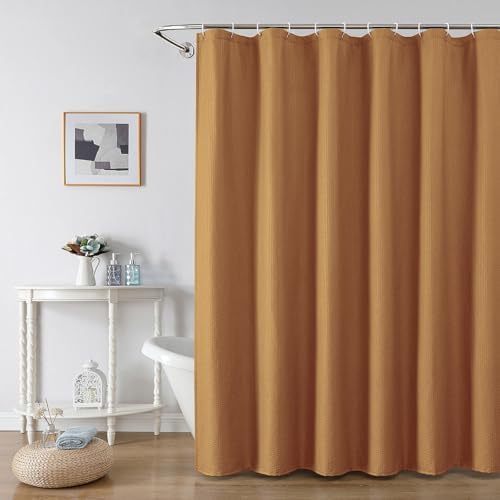 OWENIE Gold Shower Curtain for Bathroom 78 Inches Long, 3D Embossed Textured Fabric Farmhouse Shower Curtain Soft Cloth, Water Repellent, Machine Washable, Hotel Style, 72" W x 78" L, Gold