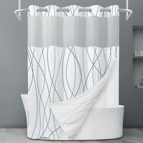 LXBNI Navy Blue No Hook Shower Curtain with Liner, 71 x 74 Inch