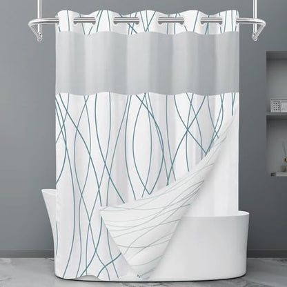 LXBNI Navy Blue No Hook Shower Curtain with Liner, 71 x 74 Inch