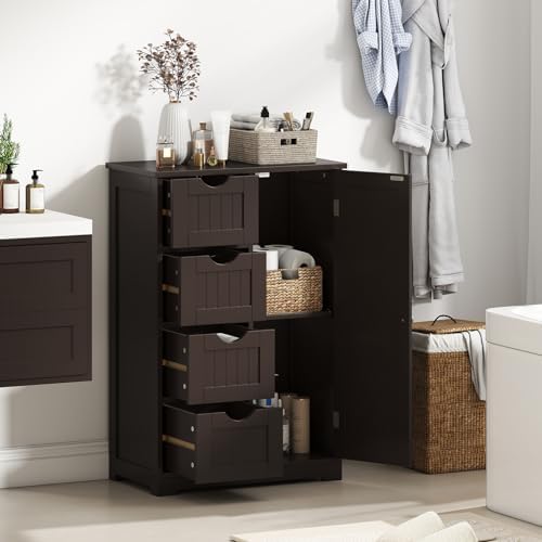 Giantex Bathroom Storage Cabinet with Drawers - 4 Drawer Storage Organizer w/Cupboard, Adjustable Shelf, Anti-Toppling Device, Entryway Storage Unit Console Table, Bathroom Floor Cabinet (Brown)