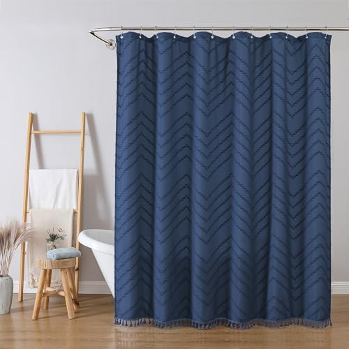 OWENIE Dusty Blue Fabric Shower Curtain, Boho Shower Curtains for Bathroom Chic Tufted Chevron Striped Textured with Tassel, Soft Hotel Style Farmhouse, Machine Washable, 72x78, Dusty Blue