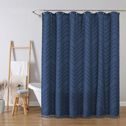 OWENIE Dusty Blue Fabric Shower Curtain, Boho Shower Curtains for Bathroom Chic Tufted Chevron Striped Textured with Tassel, Soft Hotel Style Farmhouse, Machine Washable, 72x78, Dusty Blue