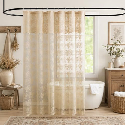 TUDECO Beige Lace Shower Curtain with Attached Valance, 72 x 72 Inch