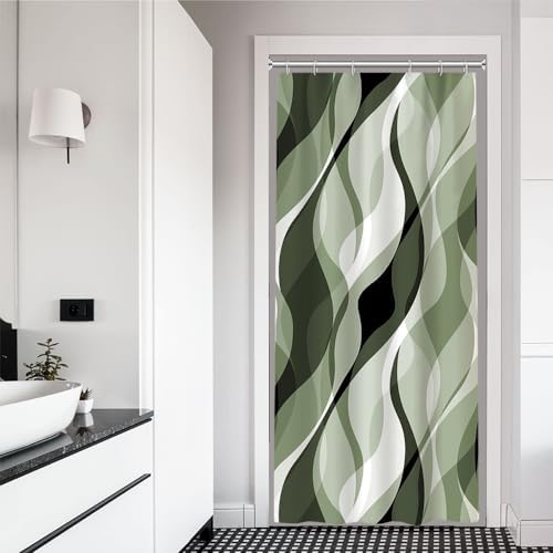 Sage Green Striped Stall Shower Curtain with Hooks, 36x72 Inch