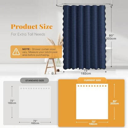 BTTN 72x80 Boho Scalloped Linen Textured Cloth Shower Curtain, Navy Blue