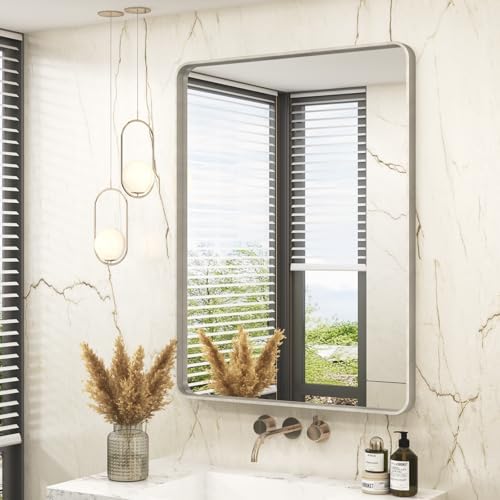 28x36 Inch Brushed Nickel Bathroom Mirror, Brushed Silver Metal Framed Wall Mirror, Rounded Rectangle Bathroom Vanity Mirror, Anti-Rust, Shatterproof (Horizontal/Vertical)