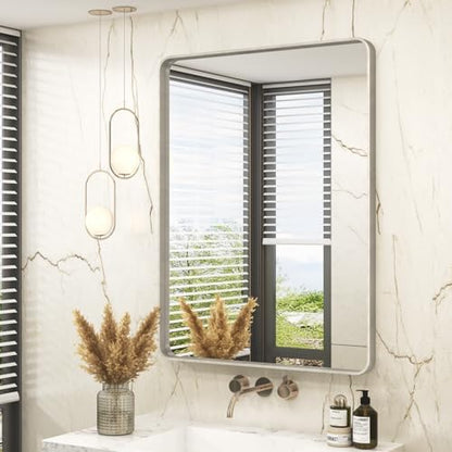 28x36 Inch Brushed Nickel Bathroom Mirror, Brushed Silver Metal Framed Wall Mirror, Rounded Rectangle Bathroom Vanity Mirror, Anti-Rust, Shatterproof (Horizontal/Vertical)