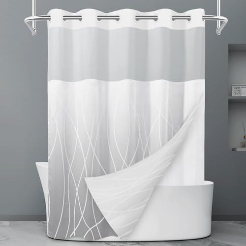 LXBNI Ombre Light Grey No Hook Shower Curtain with Liner, 71 x 74 Inch