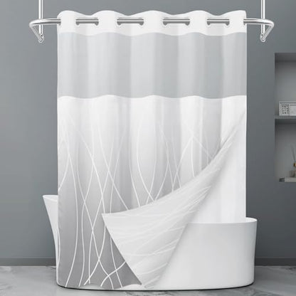 LXBNI Ombre Light Grey No Hook Shower Curtain with Liner, 71 x 74 Inch
