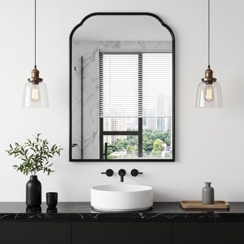 36"x24"﻿ Black Bathroom Scalloped Mirror, Rust-Proof Metal Frame