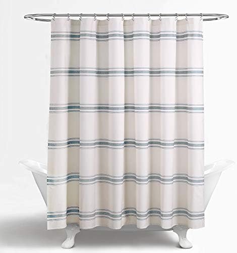 Lush Decor Farmhouse Stripe Cotton Shower Curtain, 72" W x 72" L, Blue - Striped Bathroom Curtain - Fabric Shower Curtains - Farmhouse Bathroom Decor