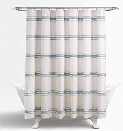 Lush Decor Farmhouse Stripe Cotton Shower Curtain, 72" W x 72" L, Blue - Striped Bathroom Curtain - Fabric Shower Curtains - Farmhouse Bathroom Decor