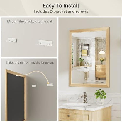 36x32 Inch Bathroom Mirror for Wall, Anti-Rust Oak Wood Grain Metal Framed Bathroom Mirrors for Over Sink,Rectangler Mirrors for Bathroom Vanity, Farmhouse, Bedroom, Living Room, Entryway Decor