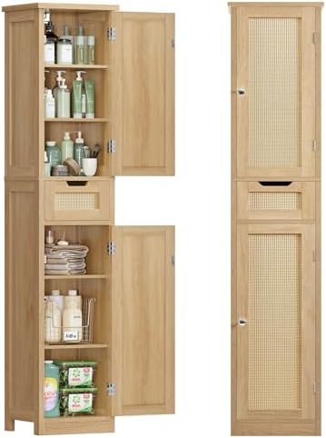Iwell Tall Bathroom Cabinet, Slim Narrow Storage Cabinet with Adjustable Shelves, Rattan Cabinets with 1 Drawer, for Bathroom, Living Room, Entryway, Kitchen, Nature