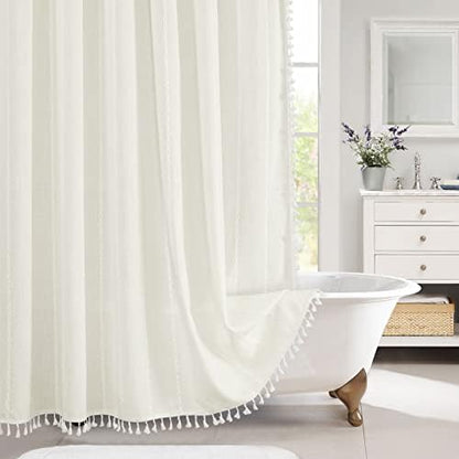 Boho Farmhouse Tassel Linen Shower Curtain,3D Embroidery Stripe Ivory,72x78