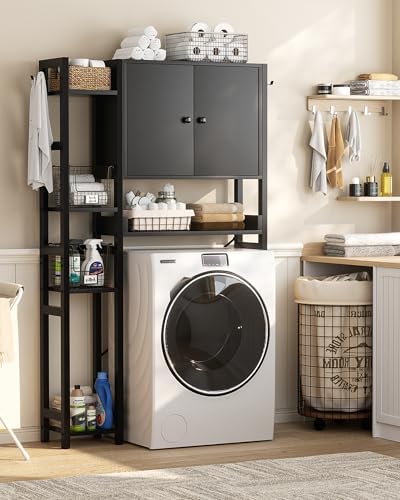 Over The Toilet Storage Cabinet with Doors - 7 Tier Bathroom Organizer with Adjustable Shelf, Freestanding Space Saver Rack Above Toilet Stand with 4 Hooks for Bathroom, Restroom, Laundry, Black