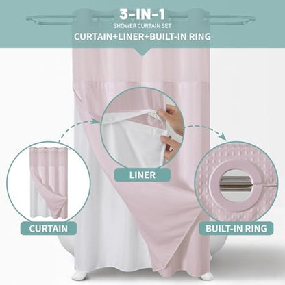 No Hook Waffle Shower Curtain with Snap-in Liner, 54x80 Inch, Blush Pink