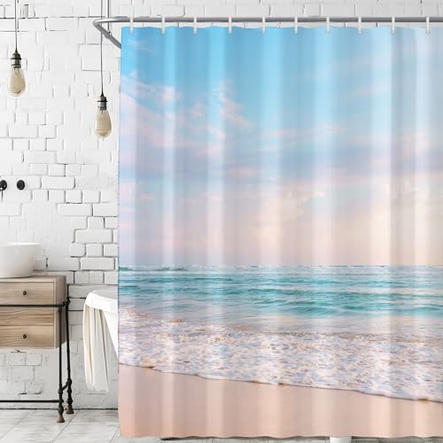 Ocean Beach Coastal Seaside Shower Curtain for Bathroom 60W*72H Inch Nautical Summer Seacoast Beachy Waves Bathtub Decor Seascape Nature Waterproof Polyester Fabric Set with 12 Hooks(10 Holes)