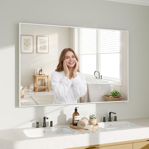 Koonmi White Rectangle Wall Mirror, 30x48 Inch Bathroom Mirror, Aluminum Frame Vanity Mirror for Entryway, Living Room, Bedroom Bathroom, Hangs Horizontally or Vertically