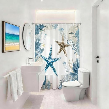 Blue Beach Shower Curtain for Bathroom, Ocean Coastal Theme, 72x72 In