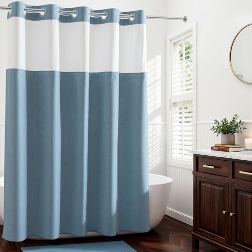 River Dream Linen Textured No Hooks Shower Curtain with Liner,Blue,71x74
