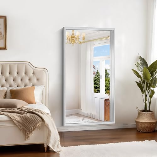 30x55 Silver Bathroom Mirror, Brushed Silver Rectangular Mirror for Wall, 0.6" Thickened Deep Frame Mirrors for Bathroom Sink, Shatterproof Tempered Glass, Antirust, Horizontally or Vertically