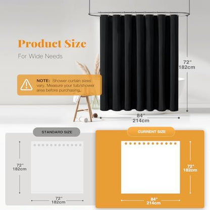 BTTN 84x72 Wide Linen Textured Waterproof Cloth Thick Shower Curtain, Black