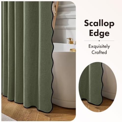 ANRODUO Olive Green Scalloped Linen Textured Shower Curtain, W72 x L108