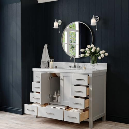 ARIEL Cambridge 48-inch Bathroom Vanity with Sink,Solid Wood, 1.5-inch Italian Carrara Marble Countertop, Single Rectangular Porcelain Sink, 2 Soft Closing Doors, 9 Dovetail Drawers, Grey
