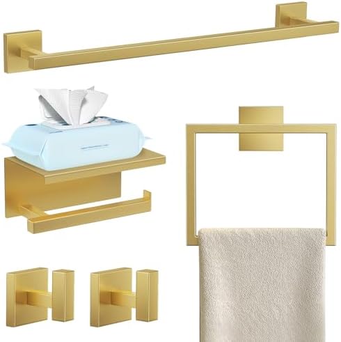 YACVCL 5-Pieces Brushed Gold Bathroom Hardware Accessories Set Stainless Steel Bathroom Towel Bar Set Towel Holder Set for Bathroom,Upgraded Toilet Paper Holder with Shelf,Wall Mounted 23.6"