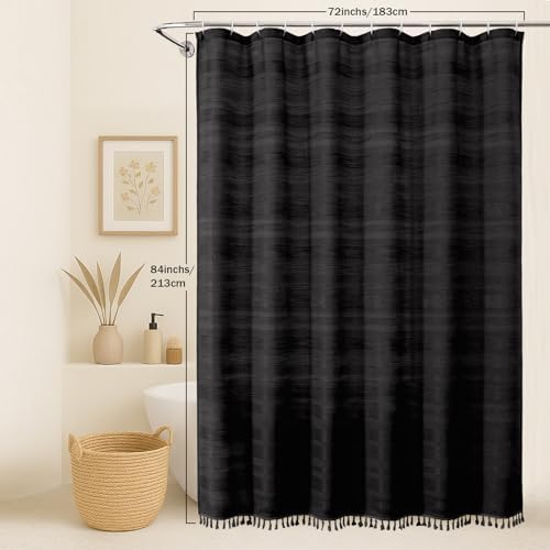 OVZME Extra Long Boho Stripe Shower Curtain 84 Inch Long, Modern Farmhouse Heavy Duty Linen Textured Soft Fabric, Rustic Country Cloth Shower Curtain with Tassel for Bathroom Hotel, 72Wx84L, Black